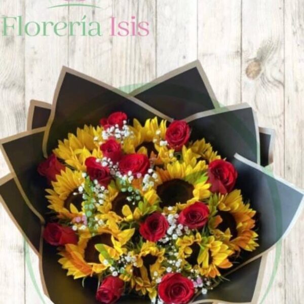 Ramo de 12 rosas y 10 girasoles