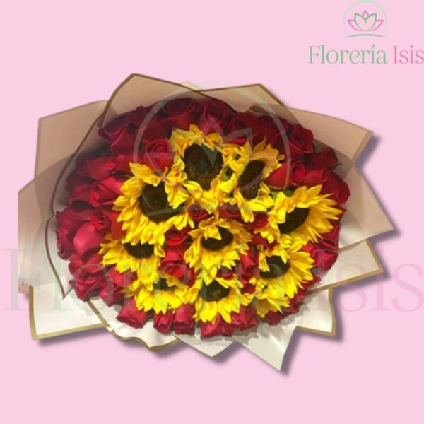 Amor y Alegría: 48 rosas y 10 girasoles