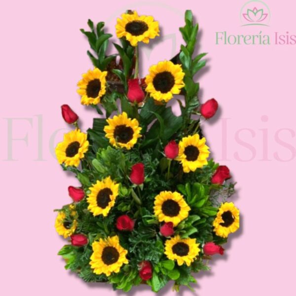 Arreglo de rosas y girasoles