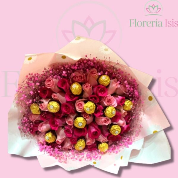 Ramo buchón de 50 rosas con chocolates