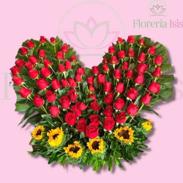 Corazón de 60 rosas y girasoles
