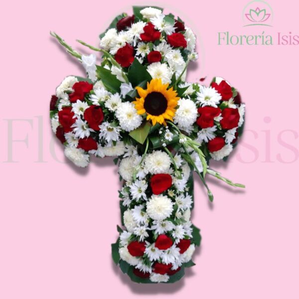 Cruz floral con gladiola y girasol