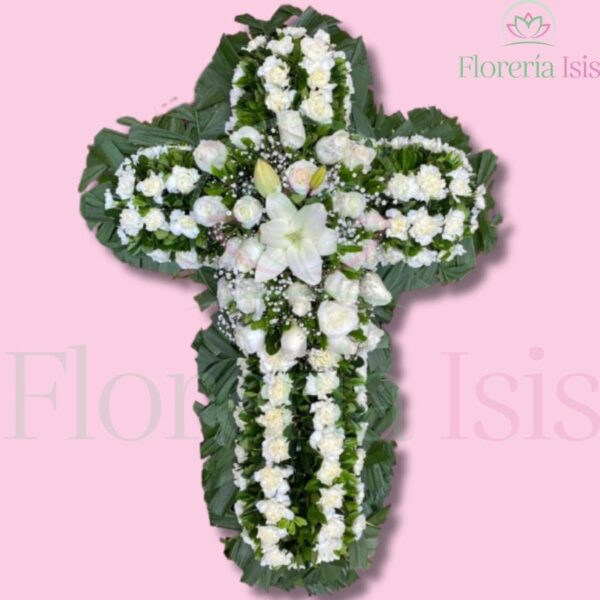 Cruz blanca de clavel y lirio