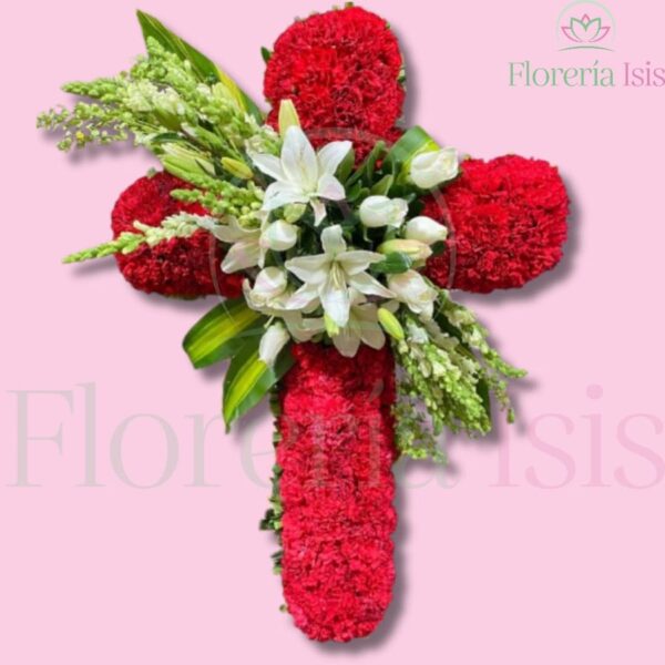 Cruz floral de clavel rojo y rosa blanca