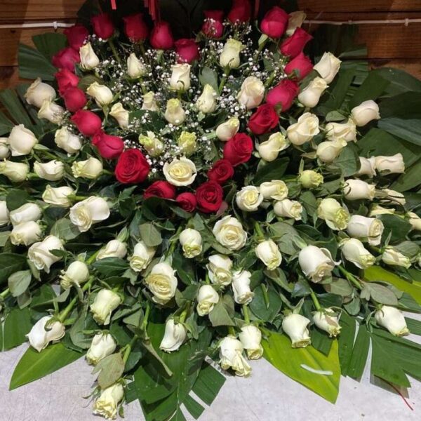 Cubrecaja de 100 rosas blancas y rojas