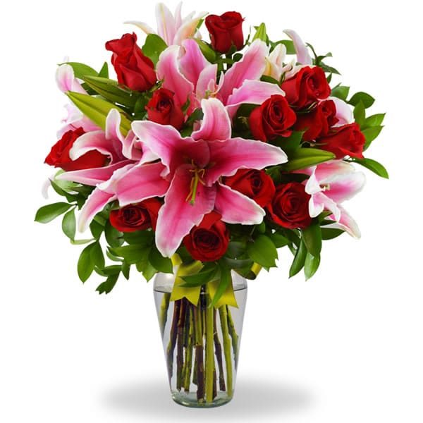 Florero con stargazer y 12 rosas rojas