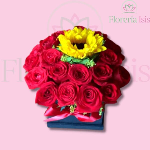 Mini box de rosas con girasol